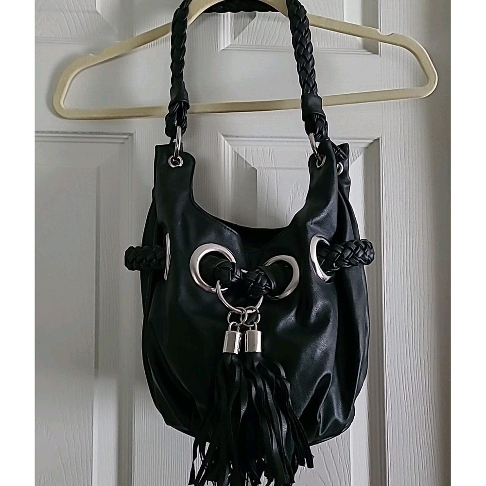 New Directions Black Vinyl Purse Shoulder Bucket Bag Boho Y2K Tassel Silver